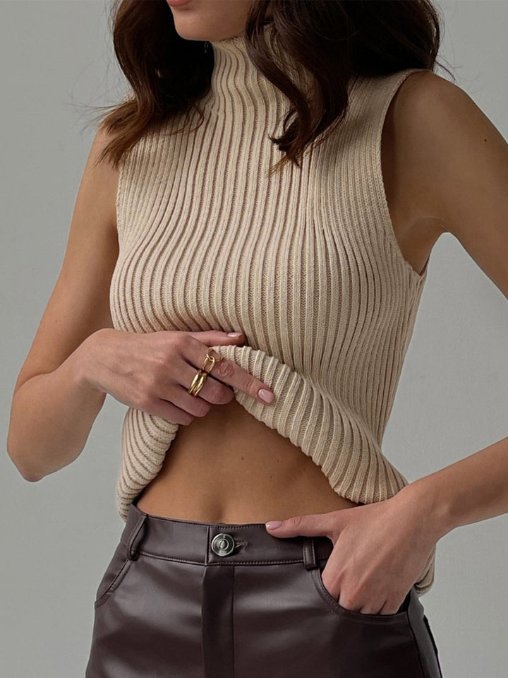 Women's ribbed sleeveless mock neck top, ideal for summer and spring outfits.