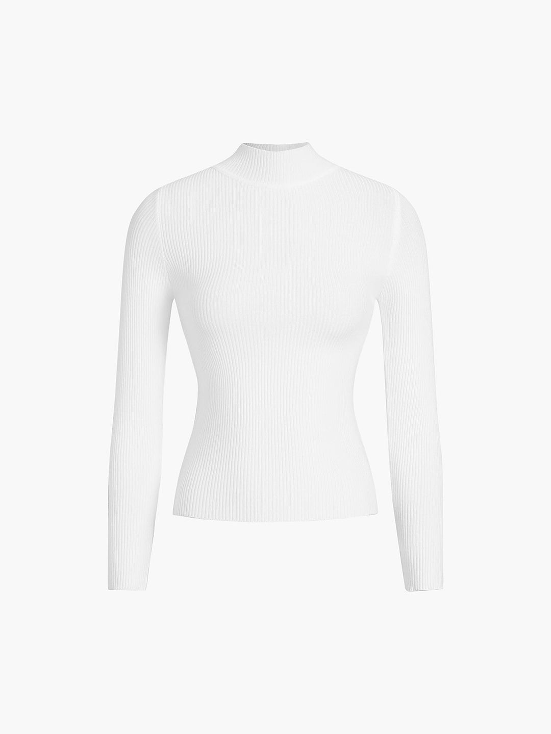 Women's ribbed high neck layering top in a stylish pose. Versatile long sleeve sweater for chic everyday fashion.