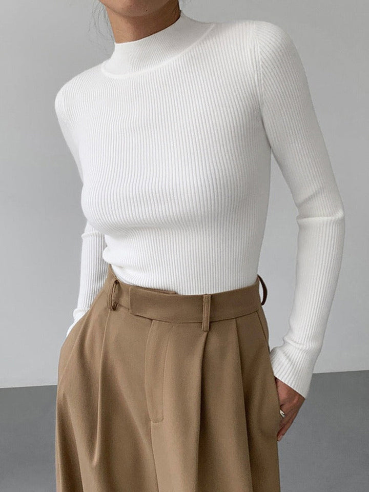 Sophisticated women's ribbed high neck sweater. Perfect long sleeve top for elegant autumn & winter layering.