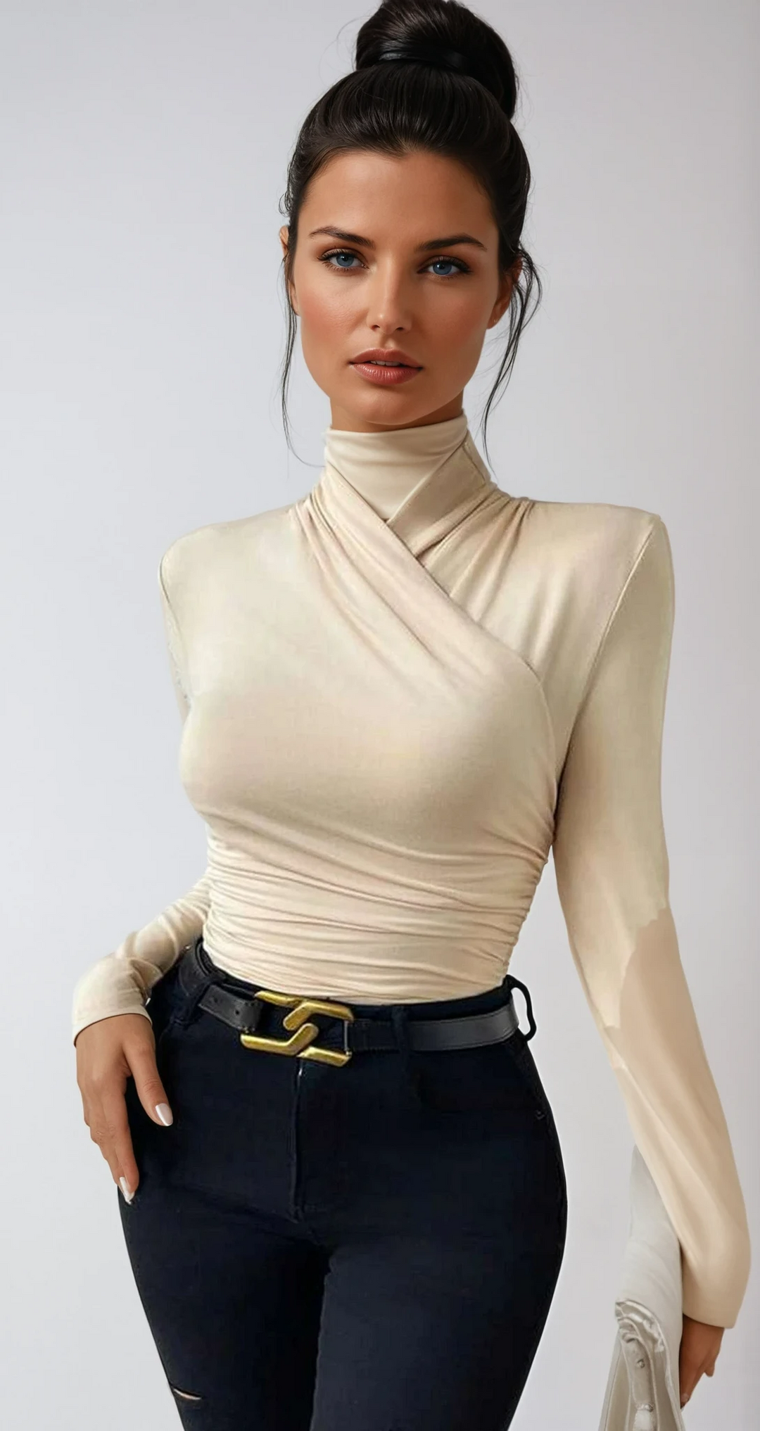 Elegant women's draped crossover long sleeve top in a versatile design, perfect for chic day to night style.