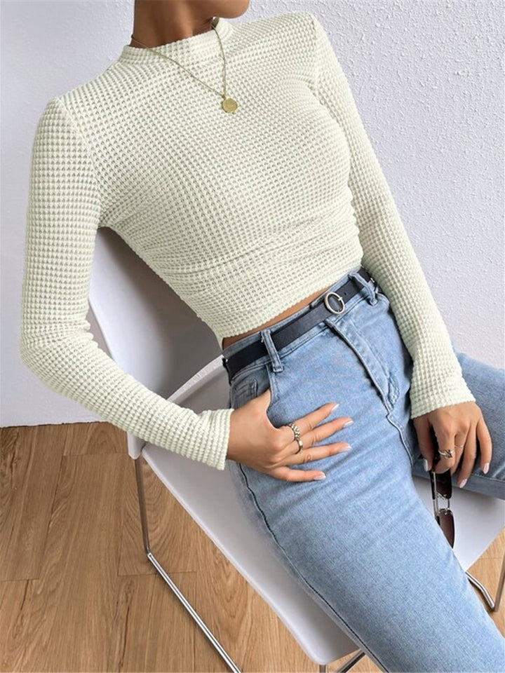 Women's waffle knit long sleeve top, a cozy and stylish choice for winter, casual, everyday wear.