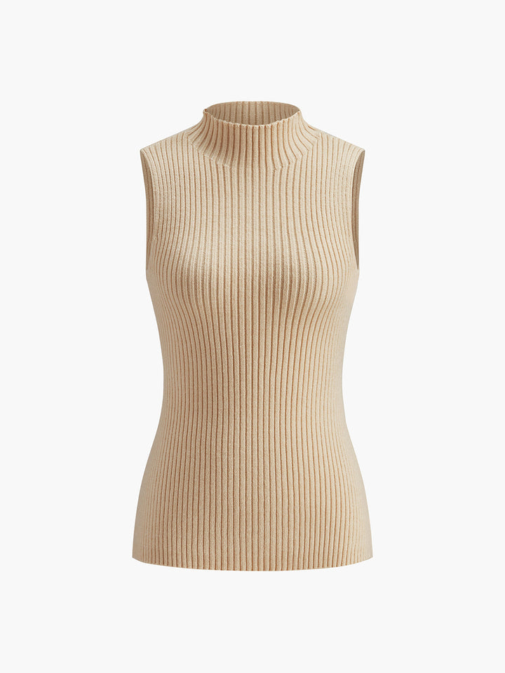 Stylish women's sleeveless mock neck top with ribbed texture, great for spring/summer layering.