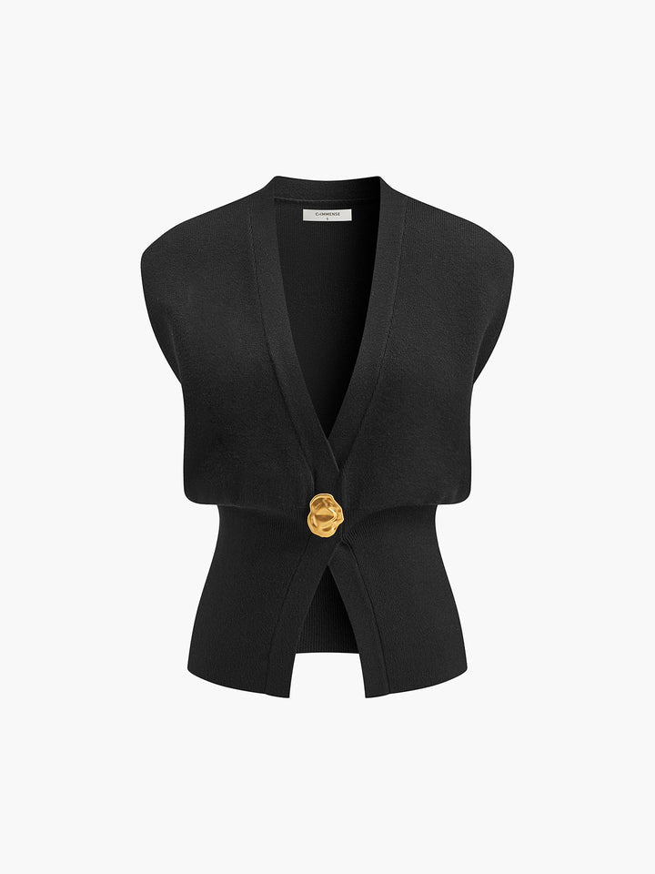 Stylish women's V-neck buttoned sweater vest. Preppy sleeveless design, ideal for chic layering and casual fashion.