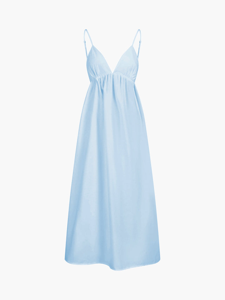 Women's elegant open-back V-neck midi dress, sleeveless design, perfect for summer casual or holiday.