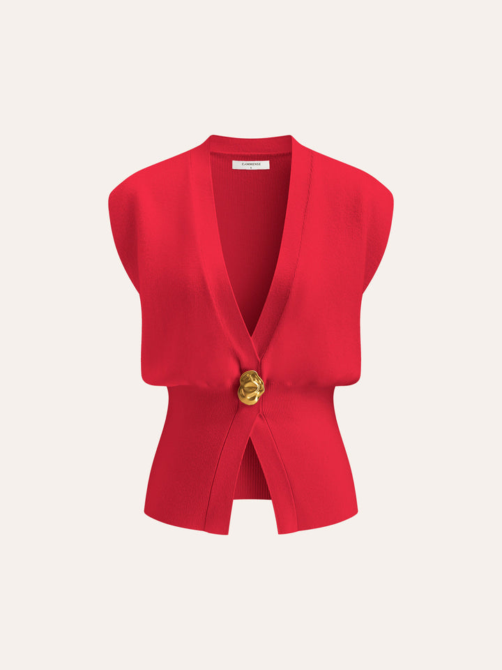 Classic women's V-neck buttoned sweater vest. Preppy, sleeveless, and chic for versatile layering fashion.