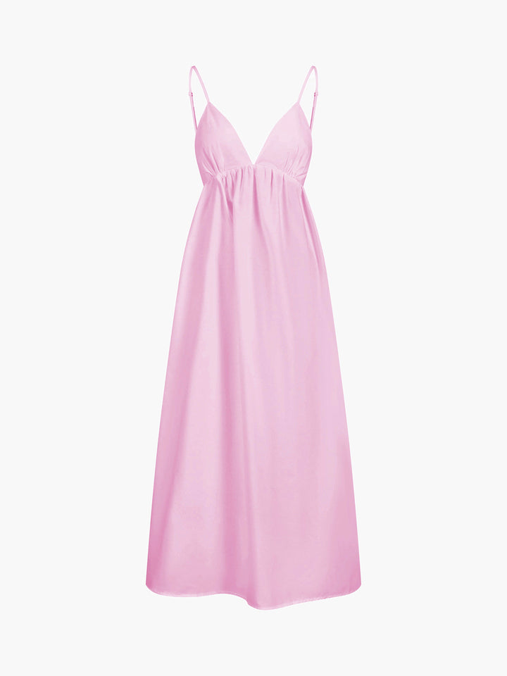 Chic women's open-back V-neck midi dress. Elegant sleeveless summer style for any fashion occasion.