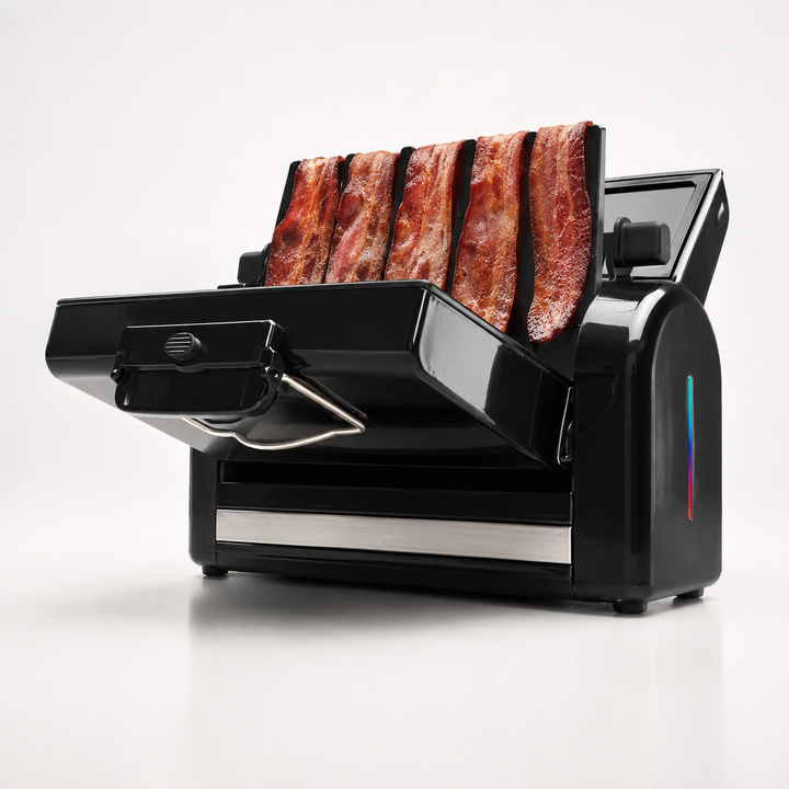 Compact countertop griddle & vertical bacon cooker. Versatile kitchen appliance for healthy breakfasts, eggs, pancakes.