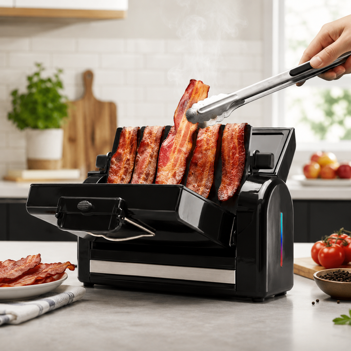 Easy clean electric griddle & vertical bacon cooker. Fast cooking, compact kitchen appliance for quick healthy meals.
