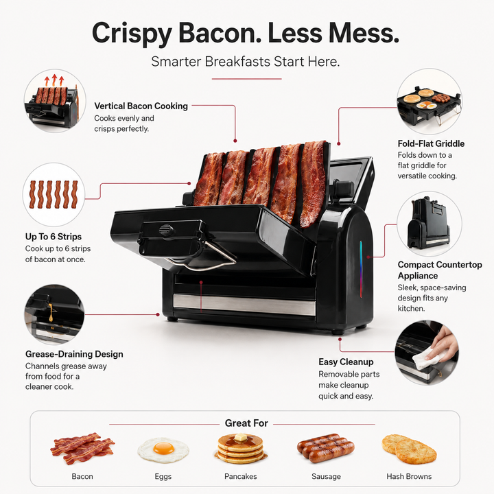 Modern vertical bacon cooker & electric griddle for healthy breakfast. Nonstick, easy clean countertop kitchen appliance.