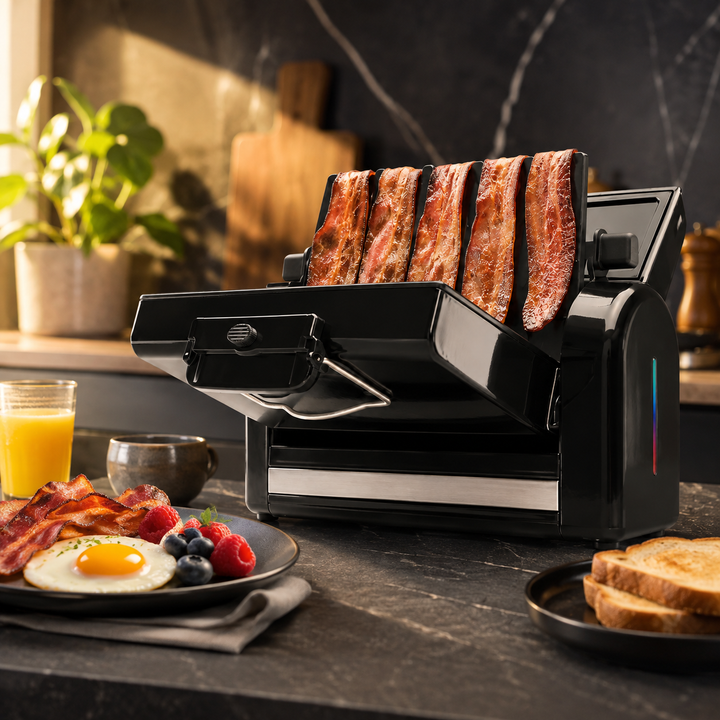 Healthy vertical bacon cooker & countertop griddle, nonstick for crispy bacon with less grease. Easy clean electric appliance.