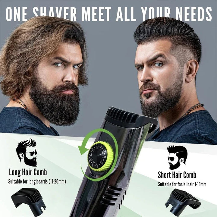 Adjustable length beard trimmer, a cordless grooming tool with an innovative hair catcher.