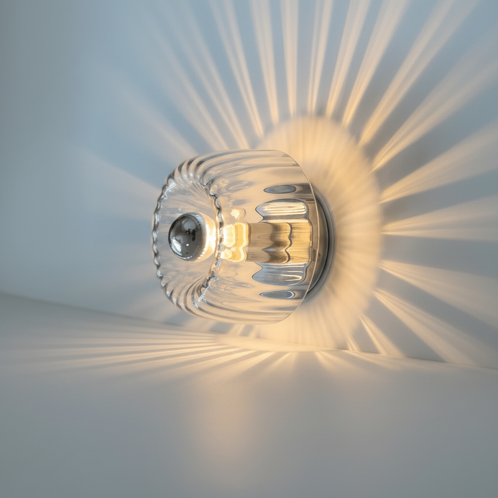 Sleek LED wall sconce, Bauhaus style, featuring metal & glass, ideal modern lighting for interior design.