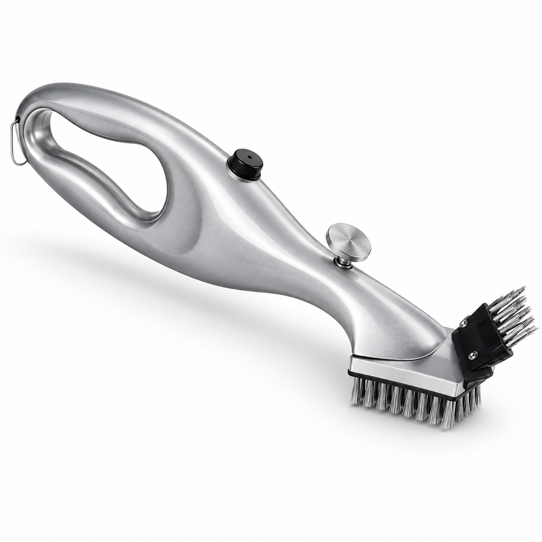 Easy-grip BBQ grill cleaning brush, a durable kitchen utensil & steam cleaner for barbecue.