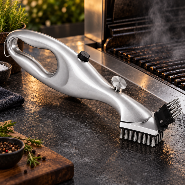 BBQ steam cleaning brush with easy-grip handle for effective grill & barbecue cleaning.