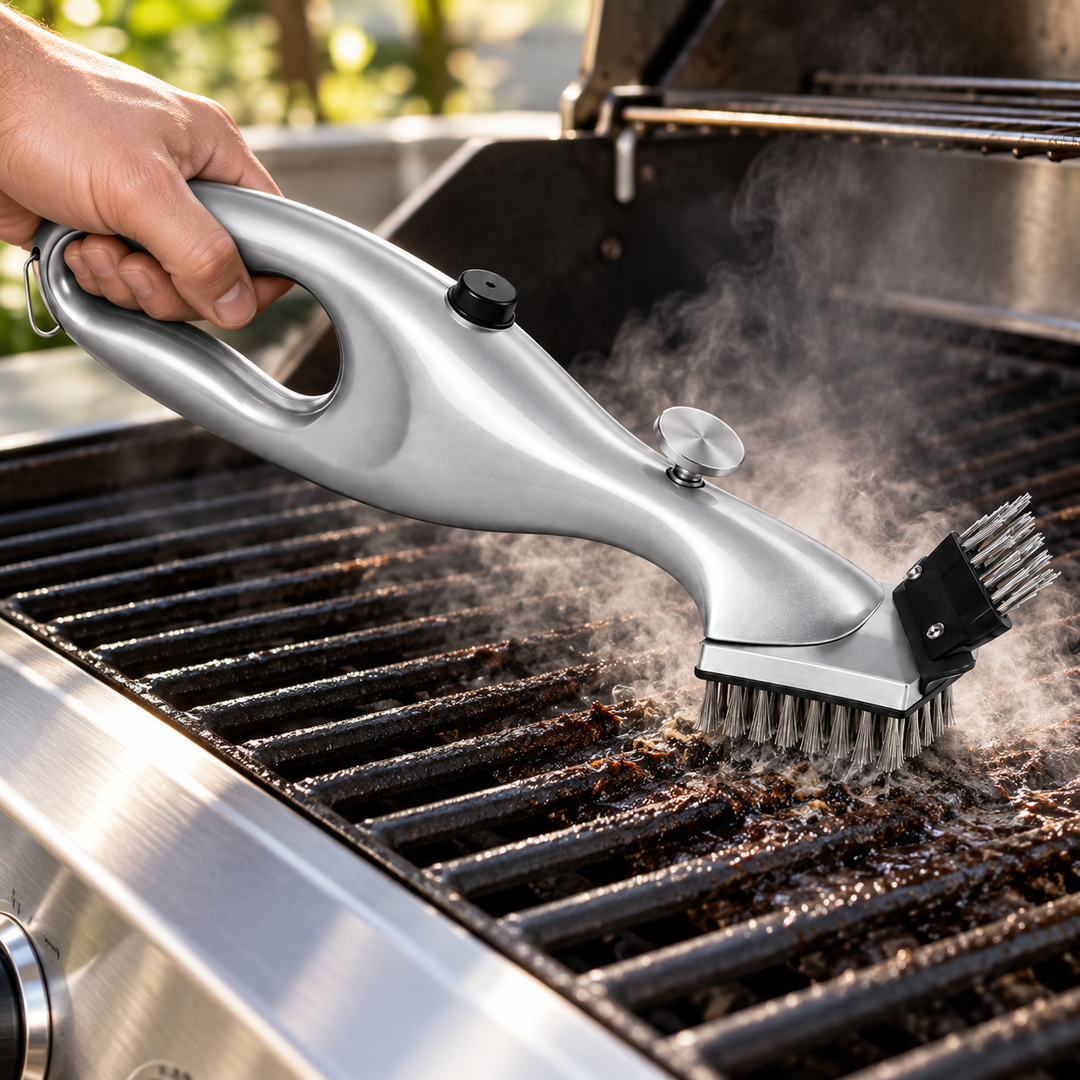 Powerful steam grill cleaning brush, perfect for BBQ grates & outdoor cooking utensils.