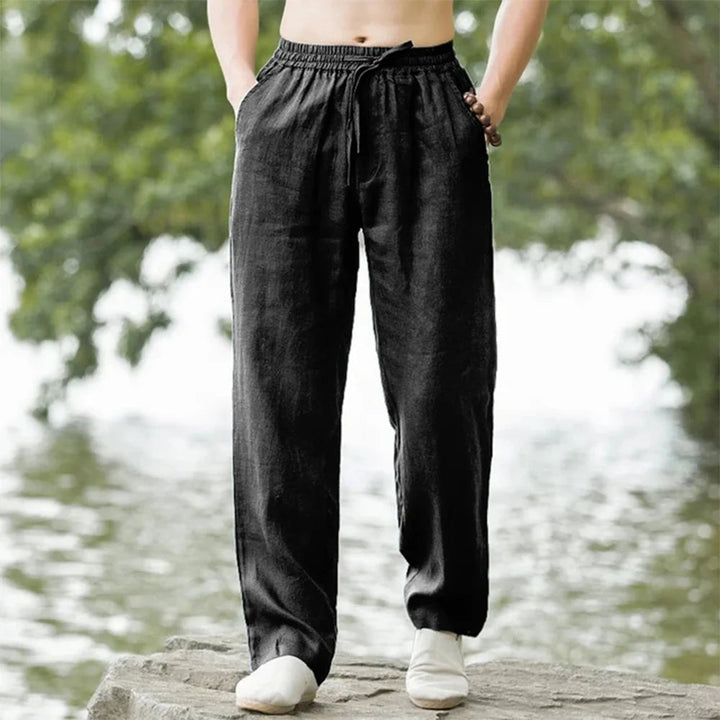 Effortless men's straight fit linen pants; relaxed, breathable comfort for summer fashion.