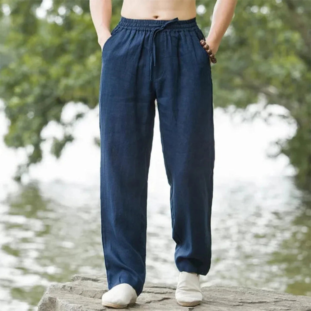 Versatile men's straight fit linen pants; perfect for beach, casual wear & summer resort fashion.
