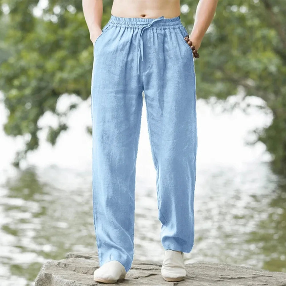 Casual men's straight fit linen beach pants with elastic waist, perfect for vacation & resort wear.