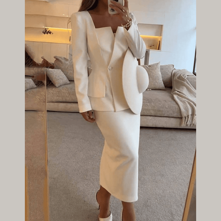 Chic women's two-piece tailored blazer and skirt set, ideal for professional office wear & formal business.