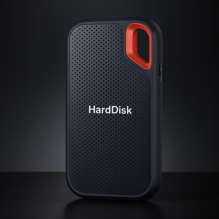 Portable high-speed external SSD drive for fast data storage & backup. USB-C compatible tech gadget.
