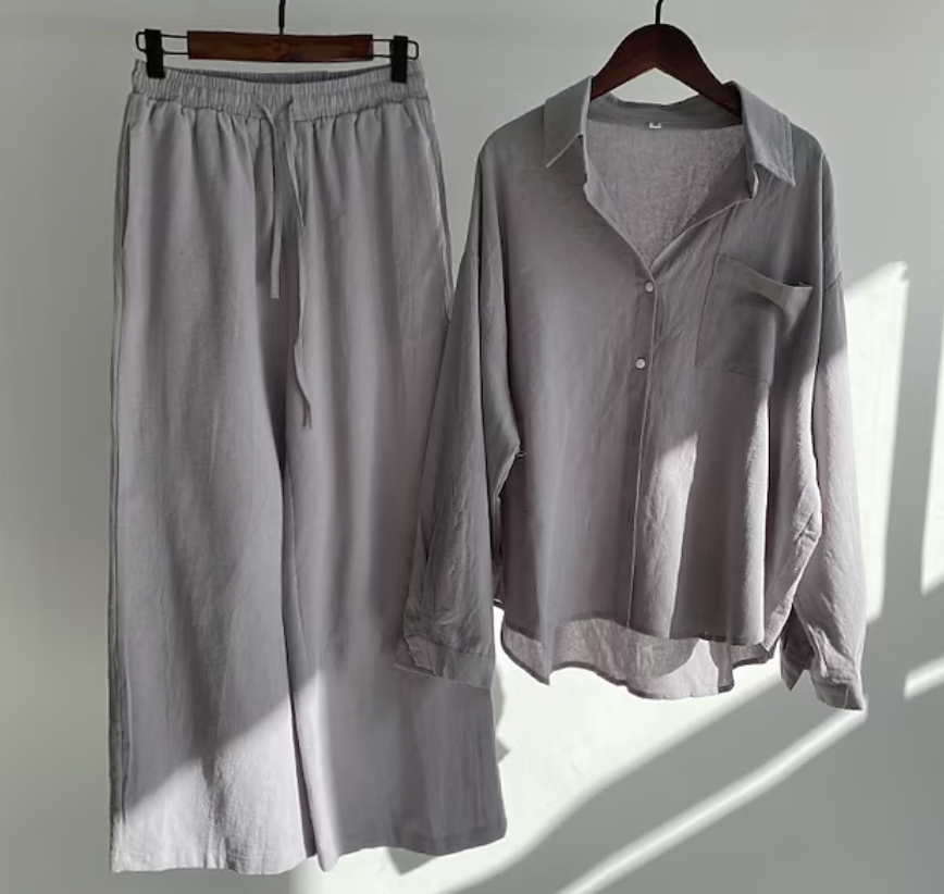 Effortless women's chic collared shirt and fluid pants two-piece set. A versatile long sleeve coordinated outfit.