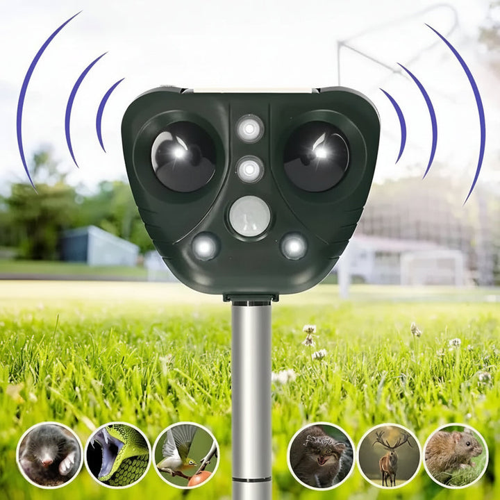 Waterproof solar ultrasonic bird repeller, effective & humane wildlife deterrent for gardens & outdoor spaces.