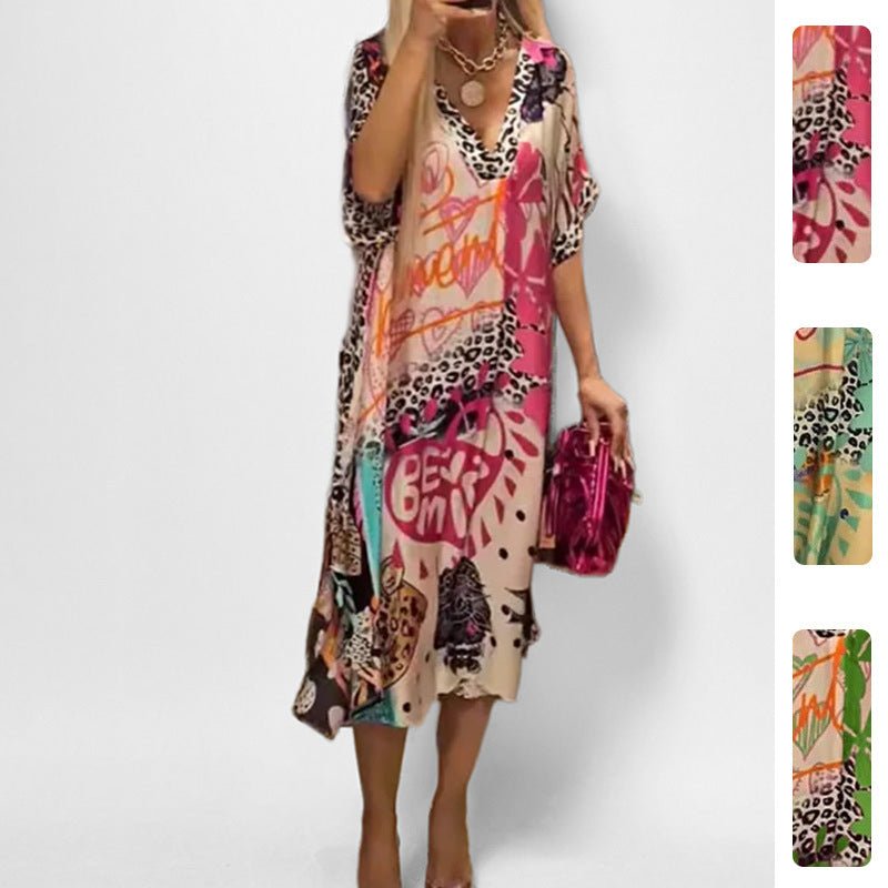 Comfortable women's vibrant graphic print swing tunic dress, a casual short sleeve v-neck for vacation.