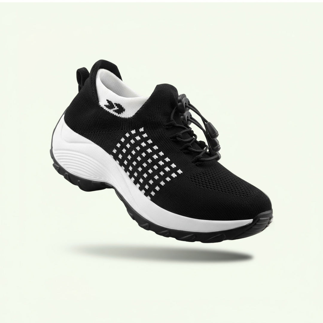 Women's stretch comfort walking shoes. Cushioned, supportive, flexible soles for all-day foot relief.