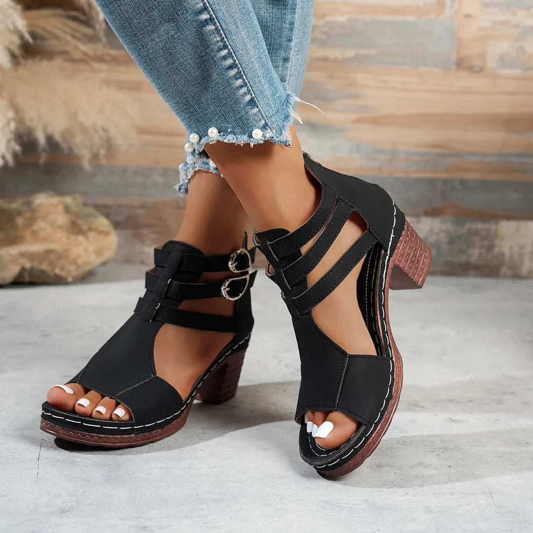 Women's open-toe block heel sandals with a fashionable buckle strap, ideal for both dressy & casual wear.