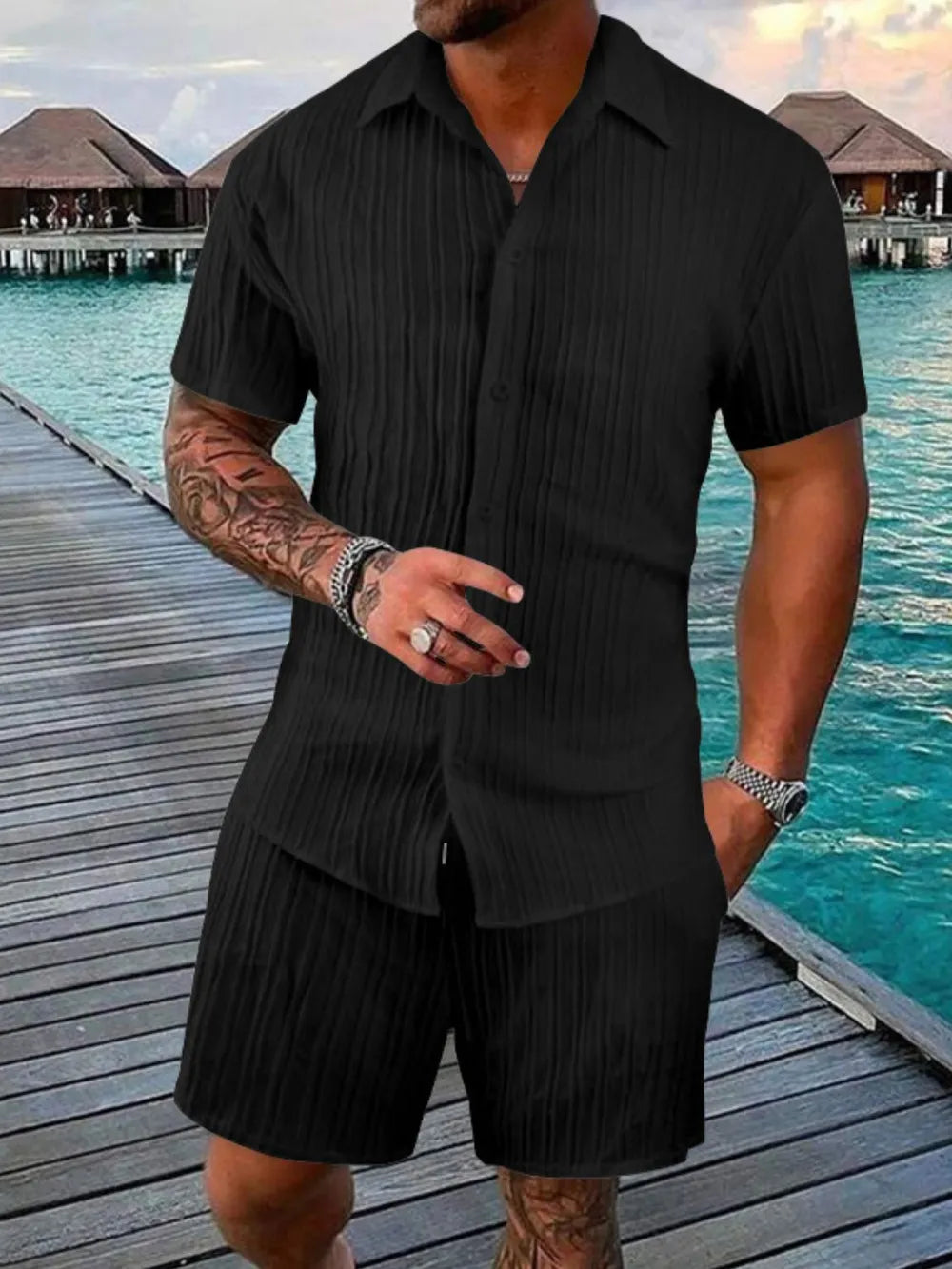 Relaxed fit men's short sleeve shirt & shorts set, ideal for beachwear, loungewear, or summer vacation.