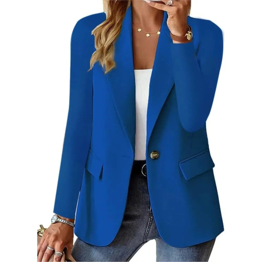 Fashionable women's relaxed open-front blazer, ideal as a smart casual office outerwear or evening jacket.