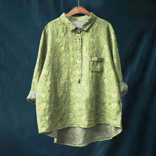 Women's vibrant blooming floral long-sleeve blouse for summer. Lightweight & comfortable casual top.