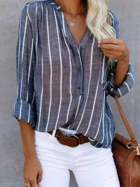Comfortable & chic women's striped summer blouse. Relaxed fit short sleeve button-up top for effortless everyday style.