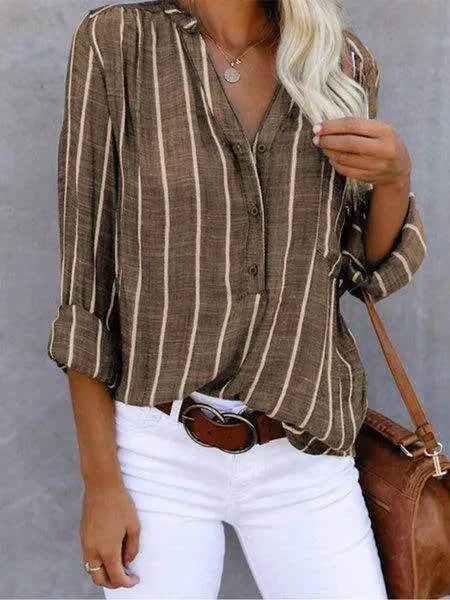 Women's stylish striped blouse featuring short sleeves & a relaxed button-up design. Perfect casual top for summer comfort.