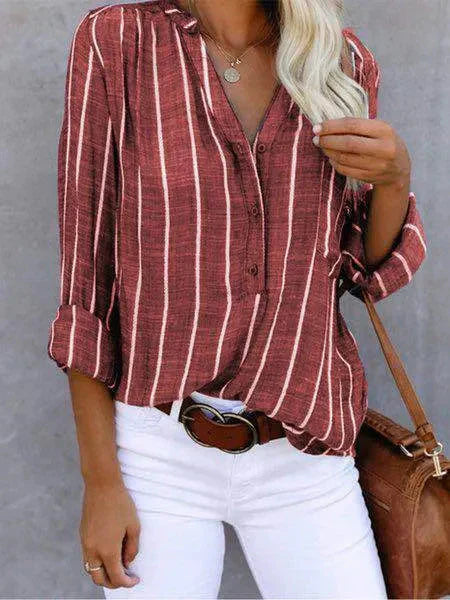 Chic women's short sleeve striped blouse with a relaxed fit, perfect for summer casual wear. Effortless button-up style.