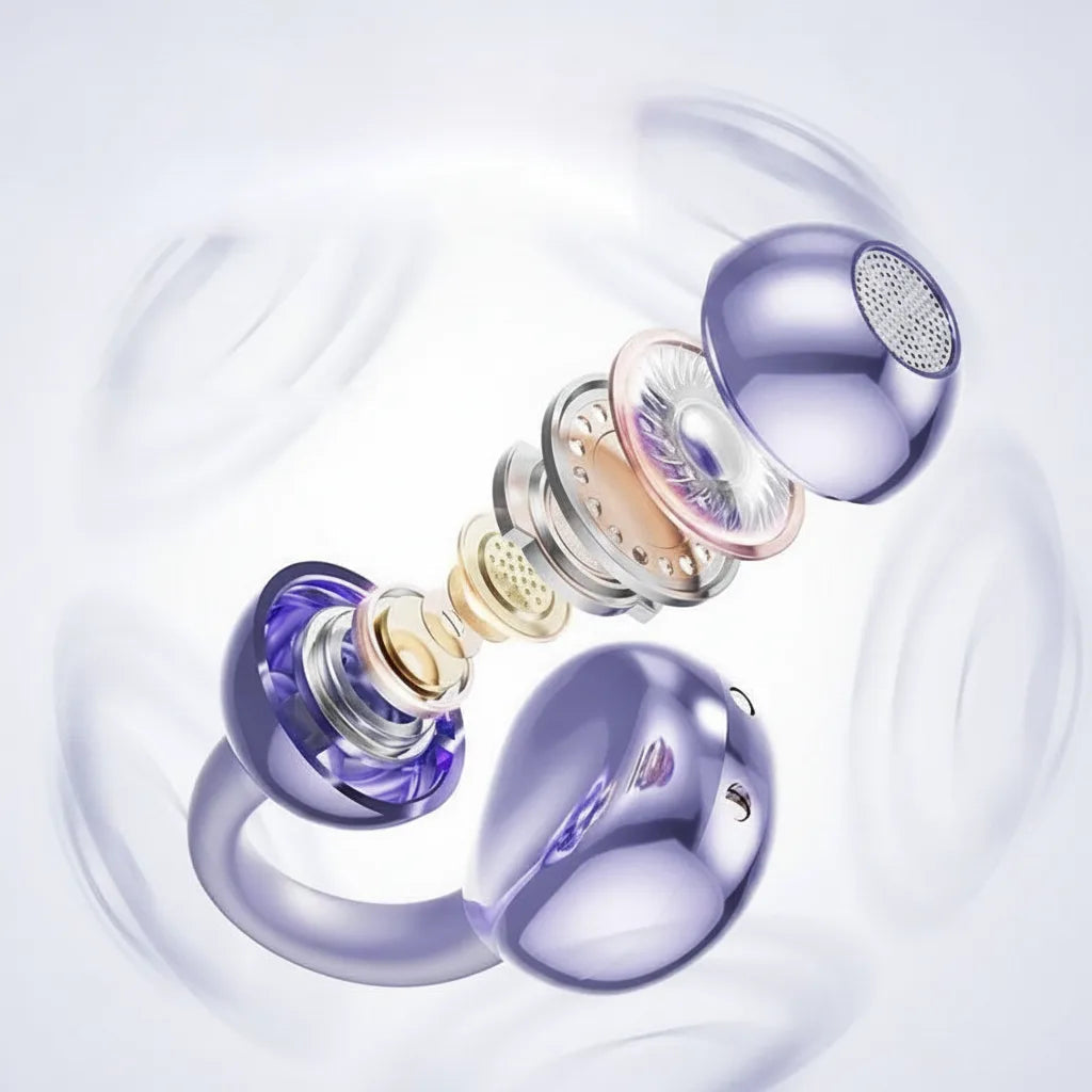Multipoint open-ear wireless earbuds with AI noise reduction, great for calls, office & sport.