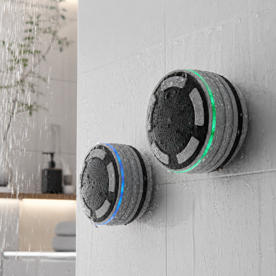 Bluetooth shower speaker with waterproof design (IP67) and suction cup. Enjoy wireless audio & hands-free calls.