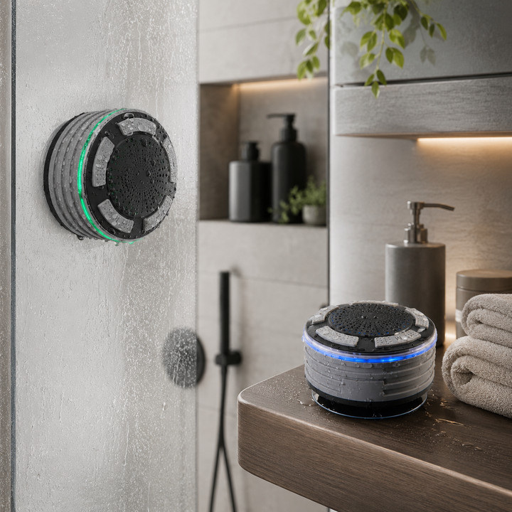 Compact portable wireless Bluetooth speaker, IP67 waterproof for shower or outdoor use. Enjoy music anywhere.
