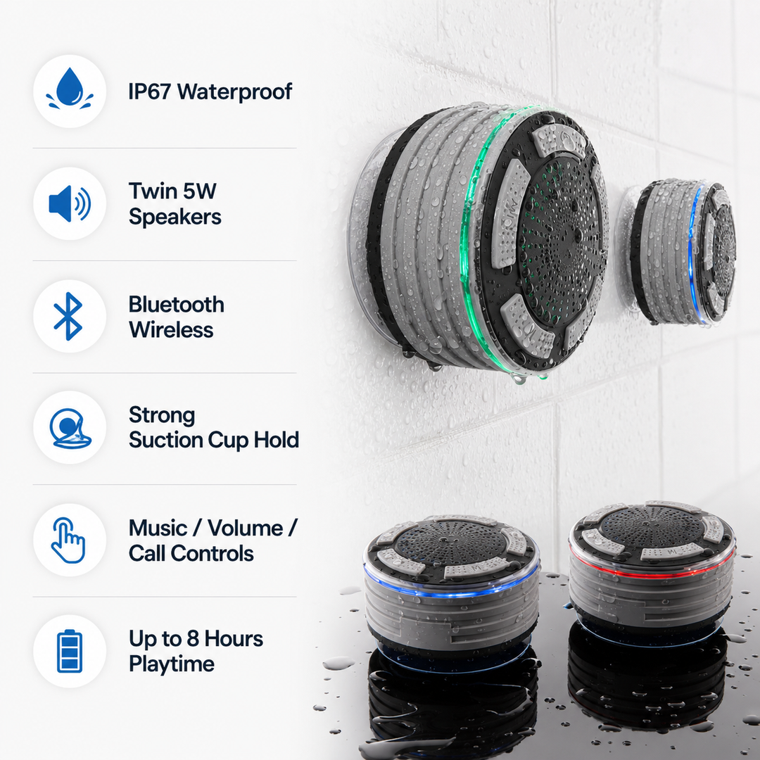 Wireless portable IP67 waterproof Bluetooth speaker, ideal for showers. Features hands-free calling & suction cup.
