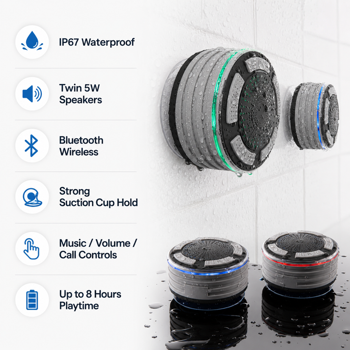 Wireless portable IP67 waterproof Bluetooth speaker, ideal for showers. Features hands-free calling & suction cup.