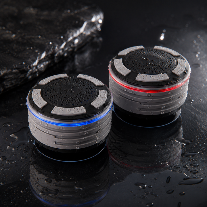 Portable wireless IP67 waterproof Bluetooth shower speaker with suction cup for music & hands-free calls.