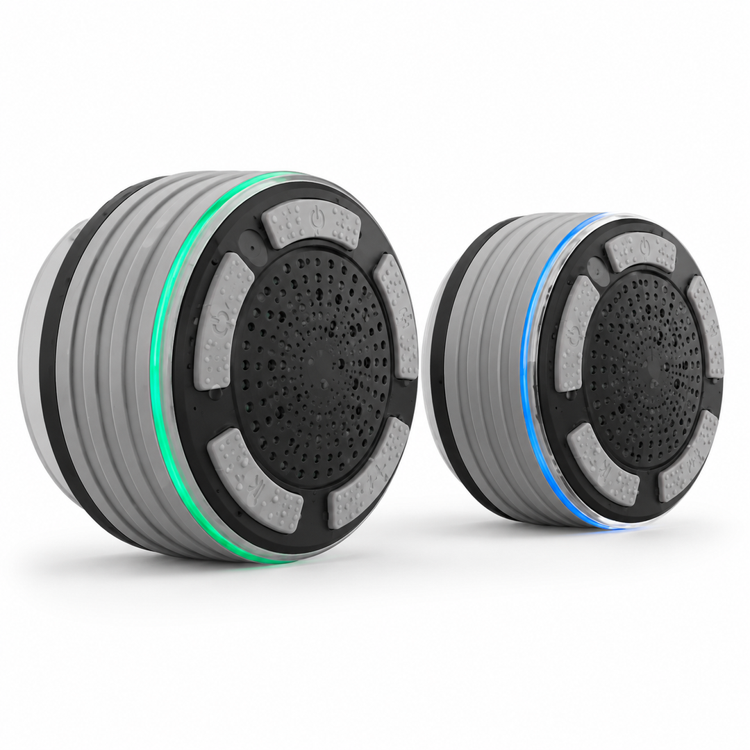 Waterproof (IP67) shower speaker with strong suction cup for easy mounting. Wireless Bluetooth audio & calls.