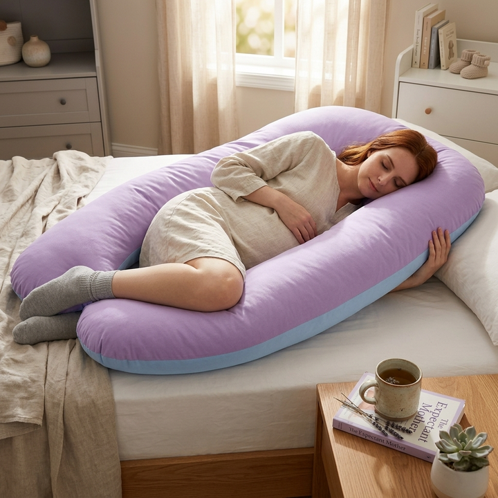 Full body pregnancy pillow for expectant mothers, offering complete support for comfortable side sleeping.