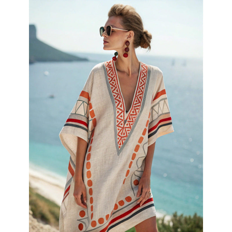Women's Bohemian Embroidered Kaftan Dress, perfect for summer style & beach wear. Flowy, comfortable, elegant.