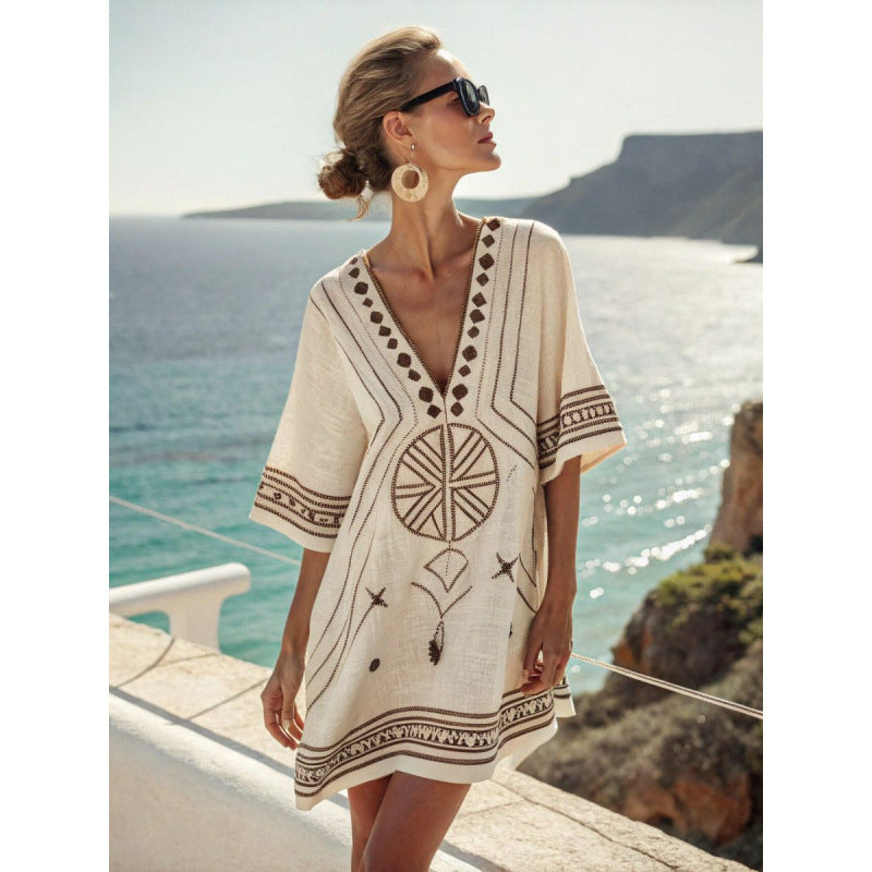 Women's Multi-color Embroidered Kaftan Dress, a summer essential. Bohemian, flowy & comfortable for resort wear.