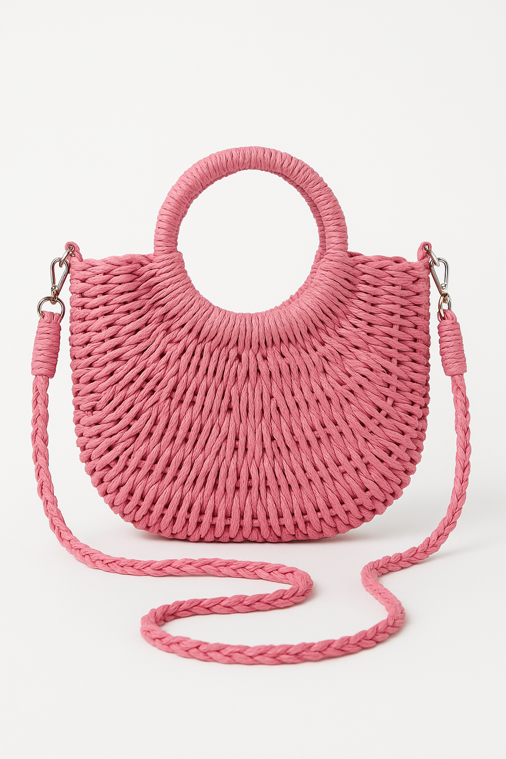 Natural straw half-moon handbag for women. Stylish bohemian beach bag, great for summer fashion & daily use.
