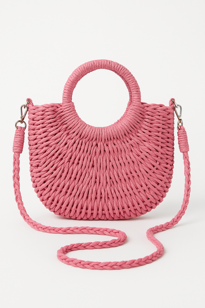 Natural straw half-moon handbag for women. Stylish bohemian beach bag, great for summer fashion & daily use.