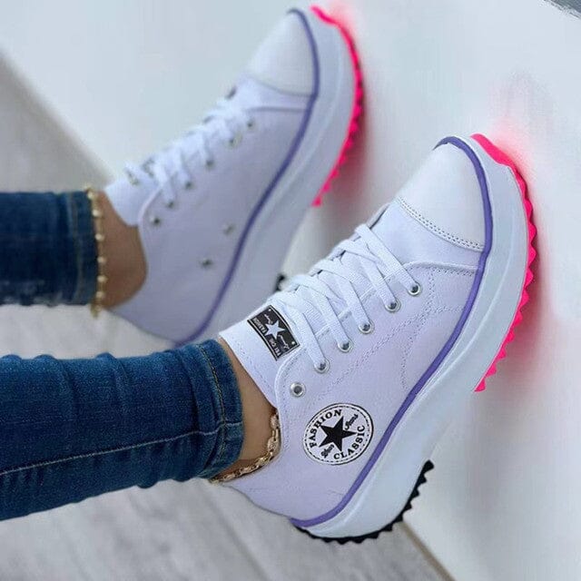 Women's orthopedic platform lace-up sneakers, white, for all-day comfort & support.