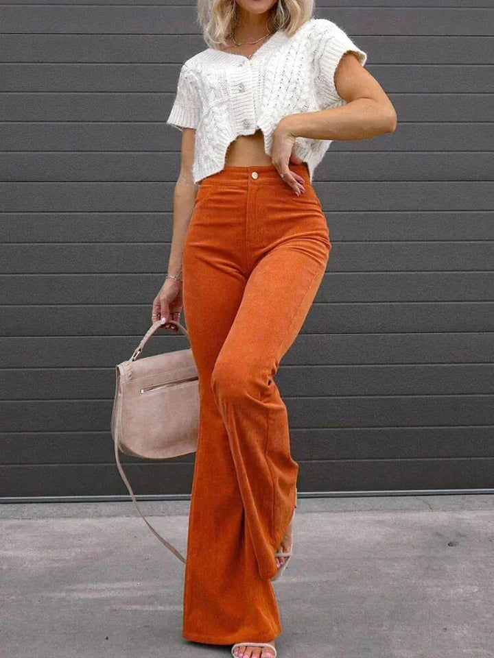 Blue women's Briana flared bell-bottom pants, high-waisted and versatile. Comfortable daily wear casual bottoms.