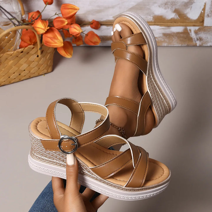 Women's Effortless Elegance platform wedge sandals, open-toe design for comfortable summer style.